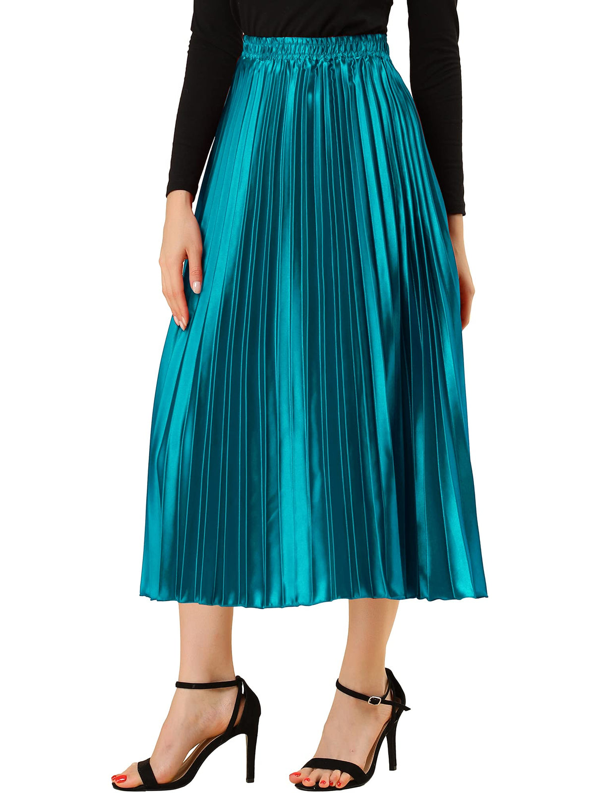Allegra K Women Pleated Midi Skirt High Waisted Metallic Party Skirts