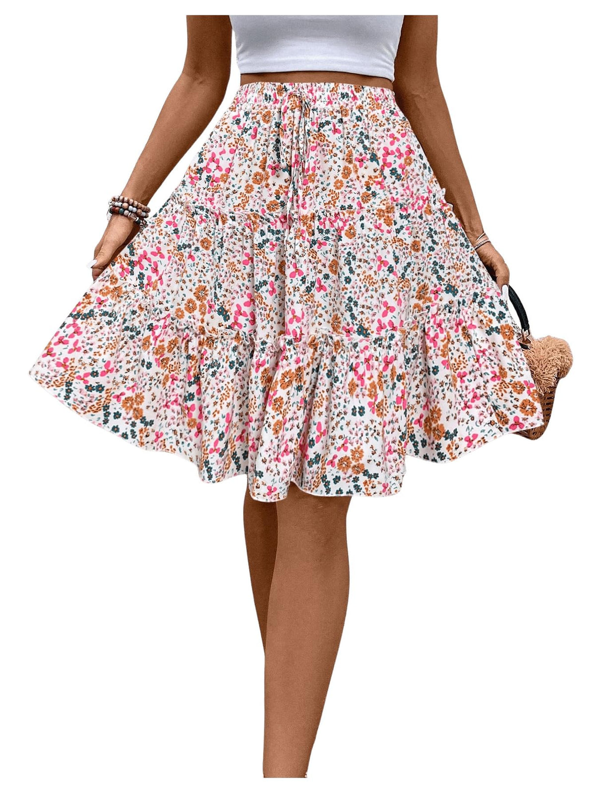 WDIRARA Women's Floral Boho Ruffle Knee Length Summer Skirt