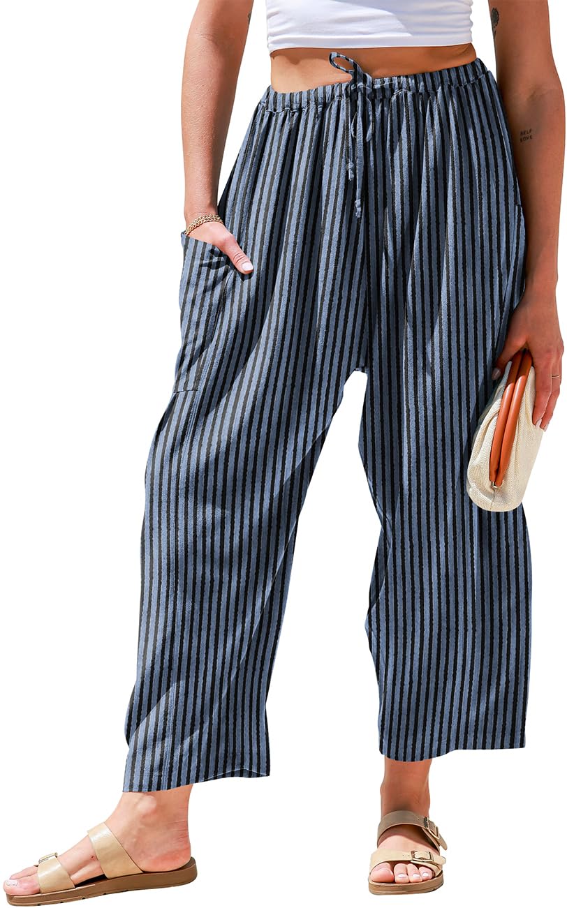 TARSE Womens Wide Leg Striped Linen Pants with Pocket