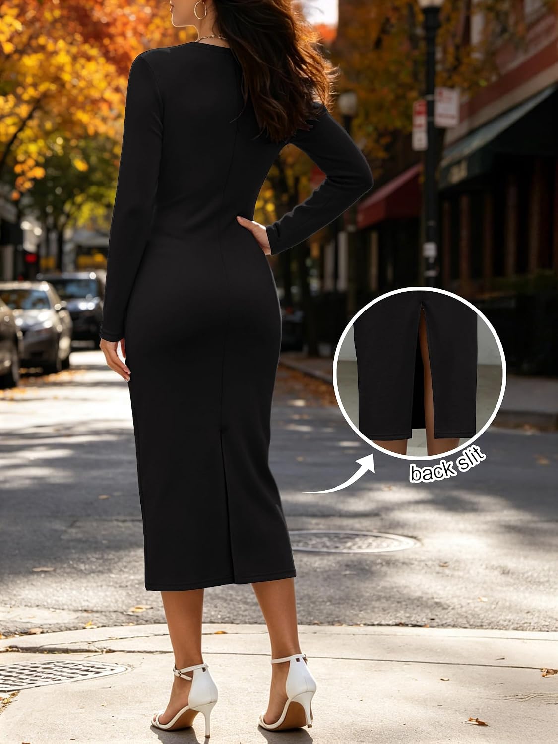 ANRABESS Womens Long Sleeve Wrinkle‑Free Fall Tie Waist Midi Dress,Black,L