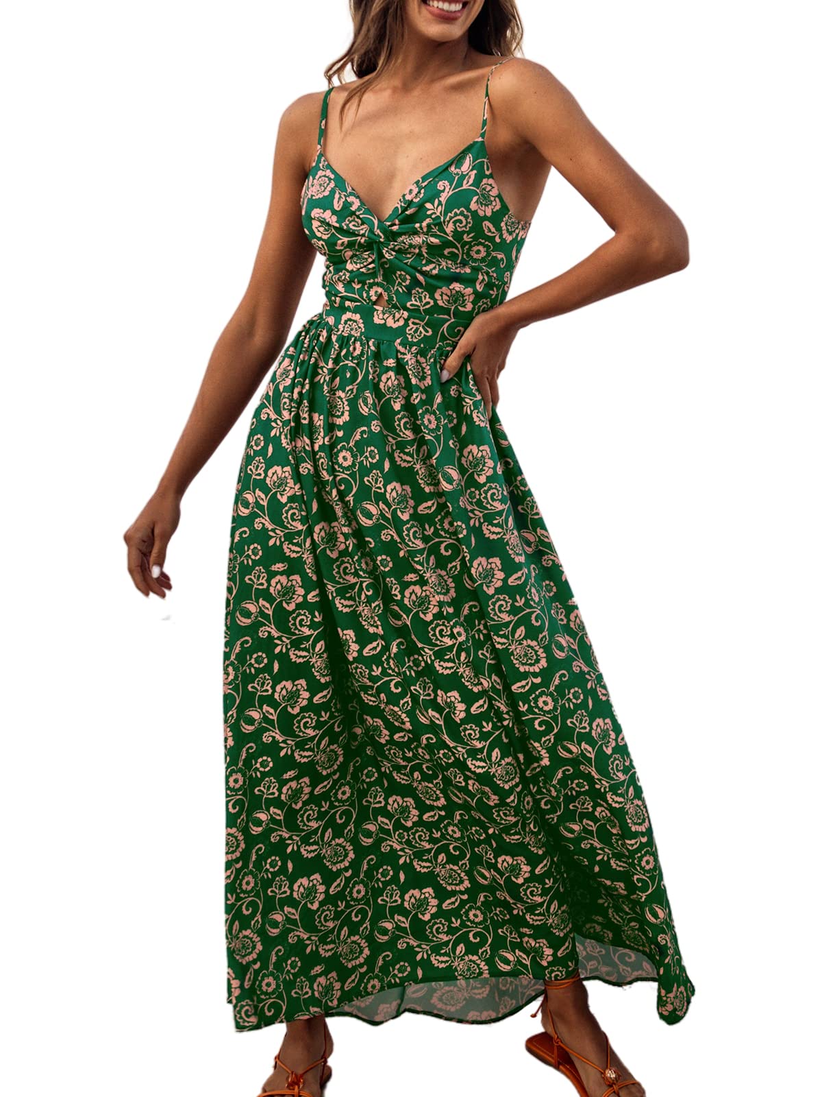 CUPSHE Women's Maxi Dress Floral Print Twisted V Neck Sleeveless Long Dress Summer Casual Dress