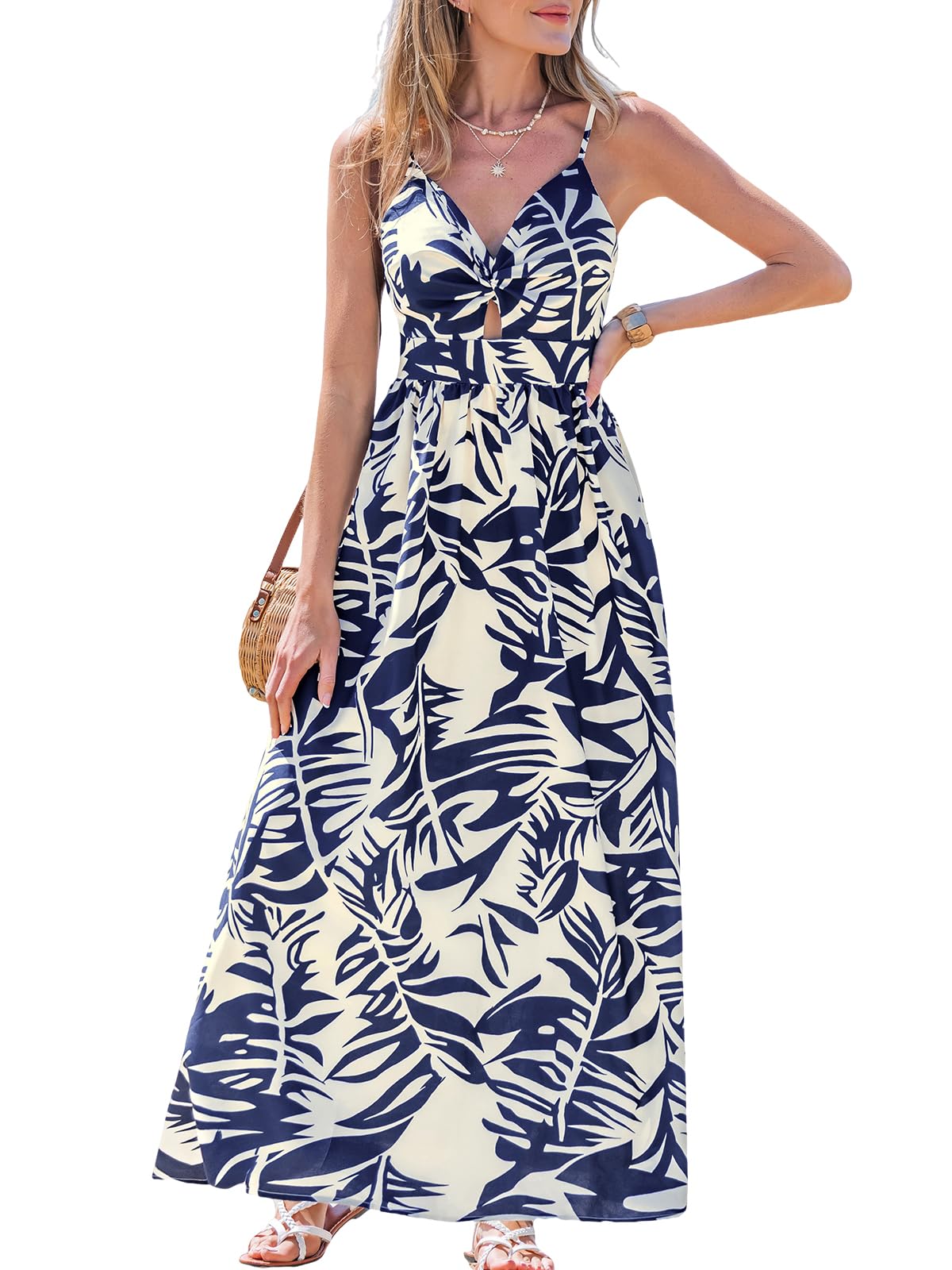 CUPSHE Women's Maxi Dress Floral Print Twisted V Neck Sleeveless Long Dress Summer Casual Dress