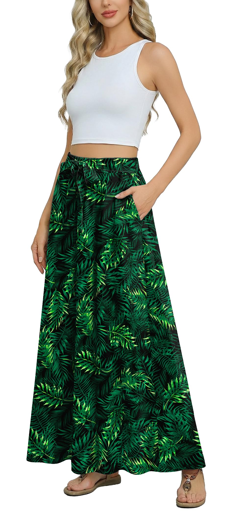 Askyes Womens Maxi Skirt Summer Trendy Tie Knot Elastic High Waisted Boho Casual Beach Flowy Swing Long Skirts with Pockets