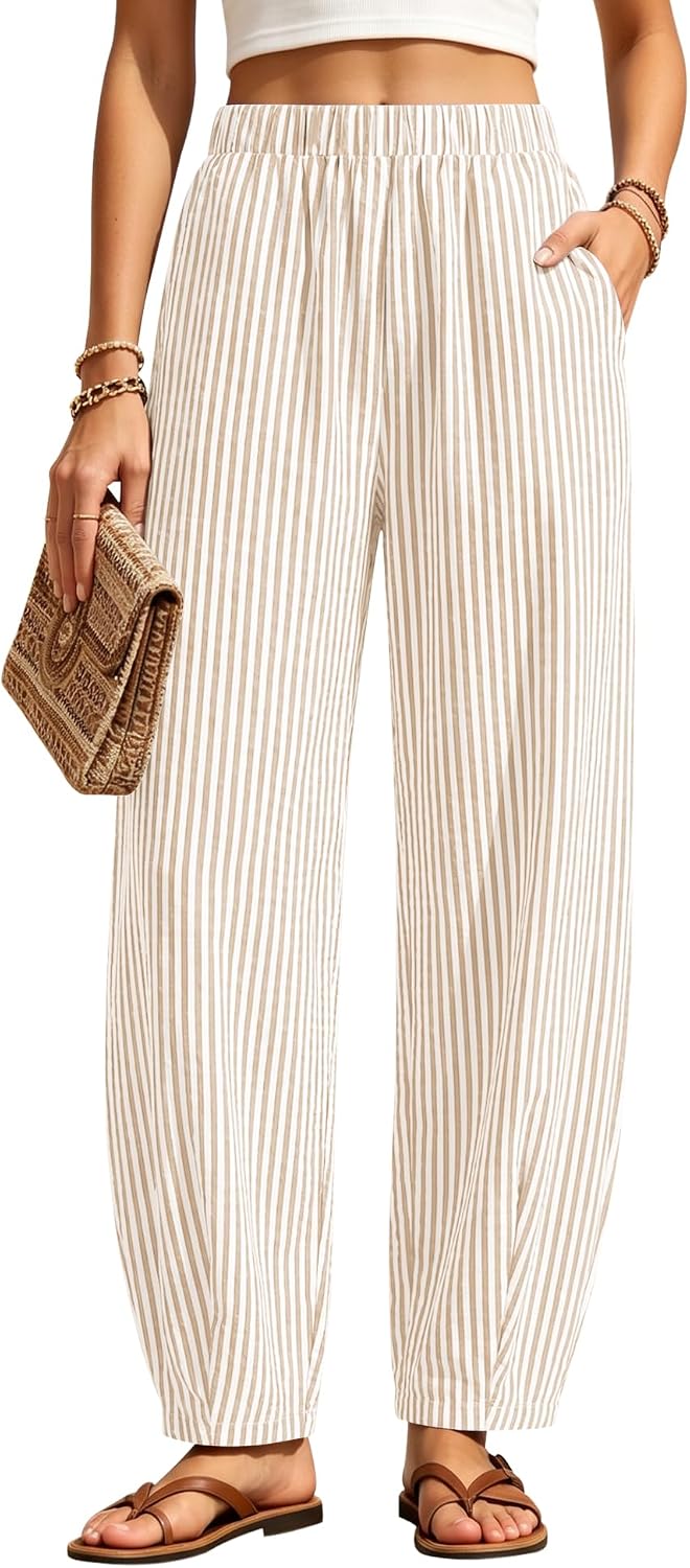 LOMON Womens Barrel Harem Travel Pants Baggy Casual Gingham Striped Bottoms