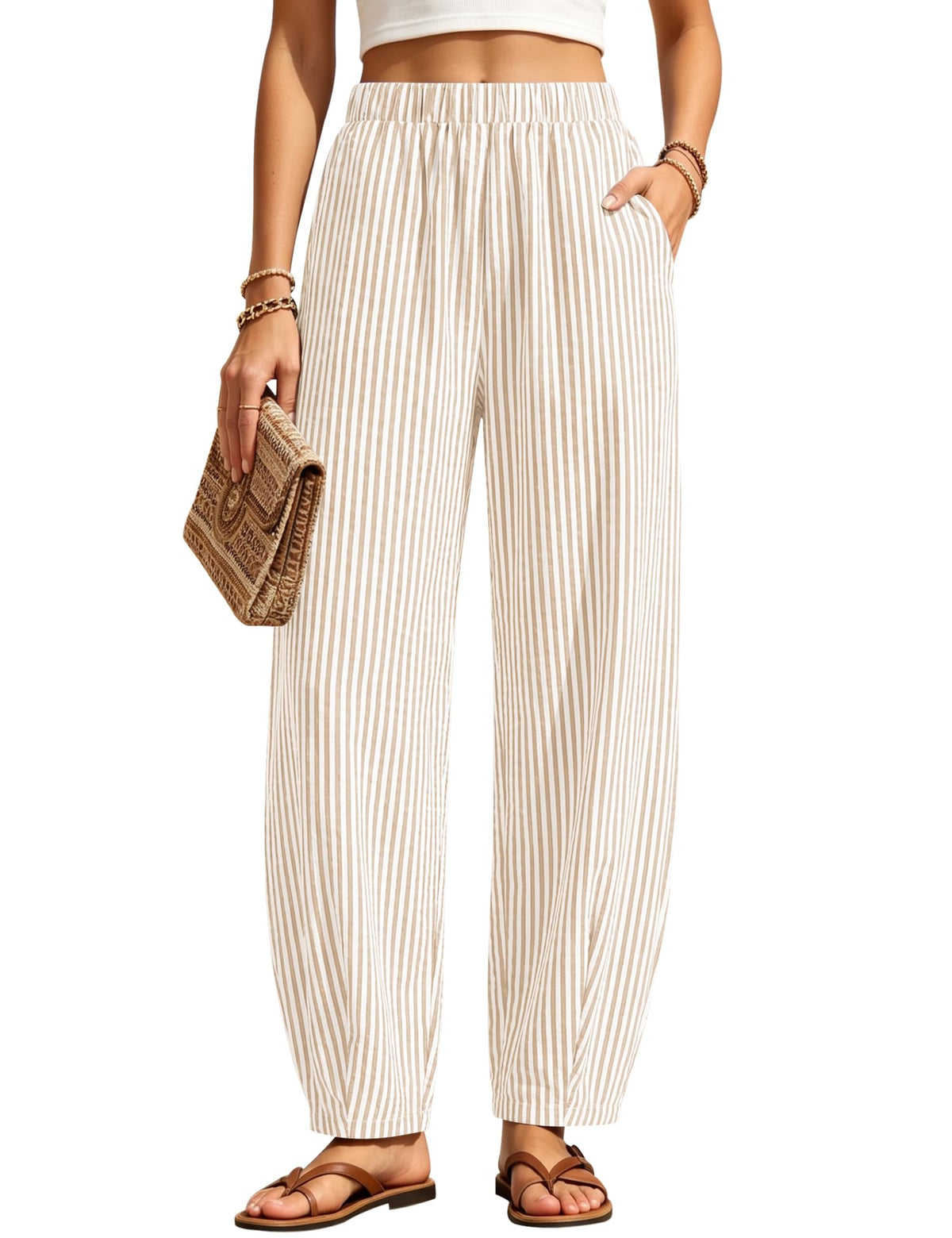 LOMON Womens Barrel Harem Travel Pants Baggy Casual Gingham Striped Bottoms