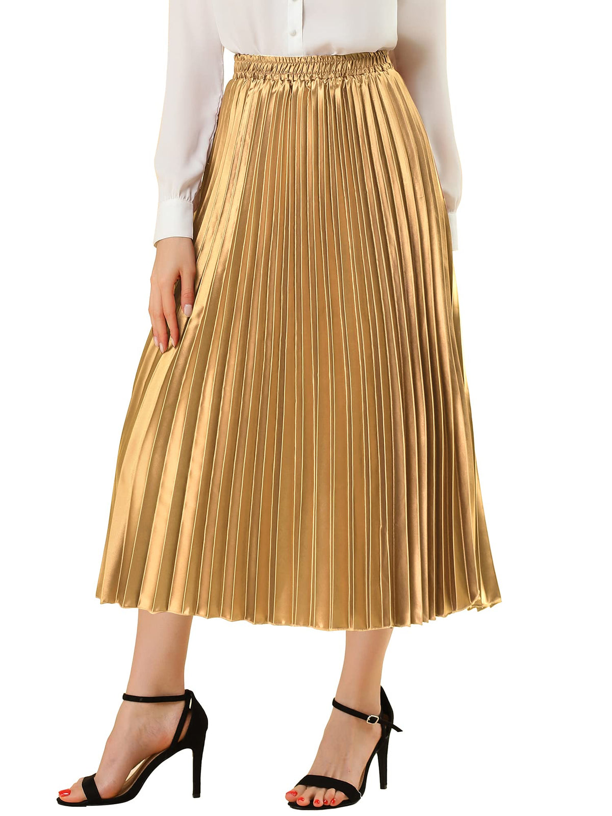 Allegra K Women Pleated Midi Skirt High Waisted Metallic Party Skirts