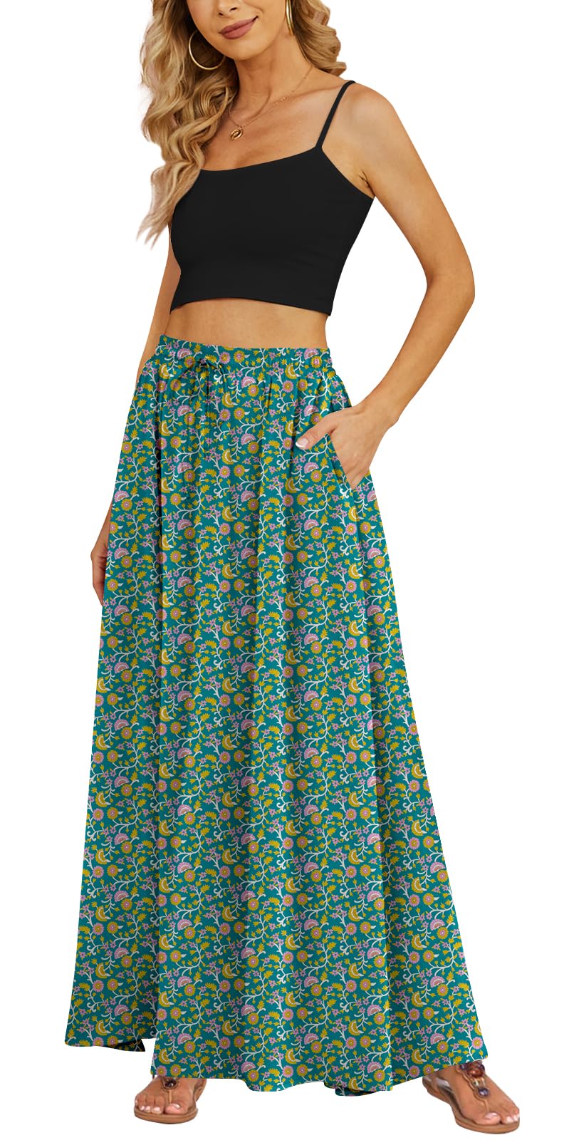 Yincro Women's Maxi Skirt Flowy High Waist Casual Long Skirts with Pockets