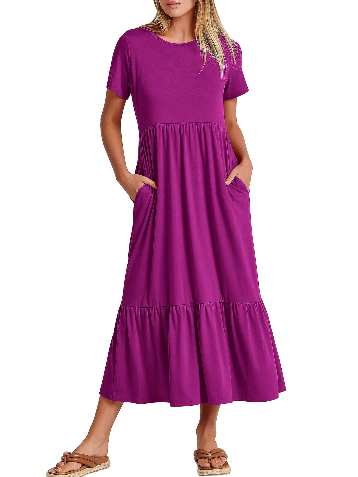 ANRABESS Womens 2026 Summer Casual Maxi Dress A line Tiered Flowy Short Sleeve Crewneck T Shirt Beach Travel Long Dresses