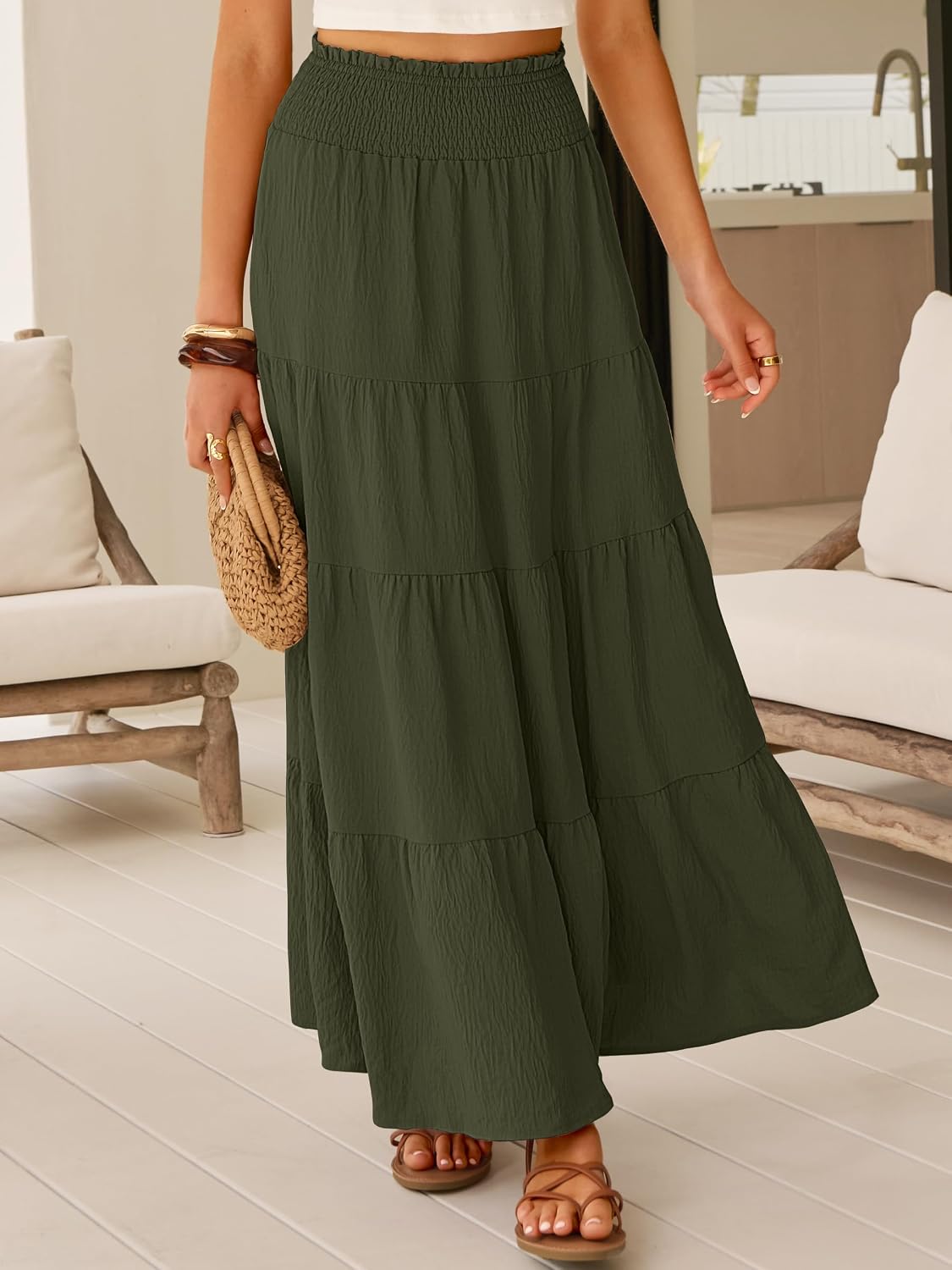 ANRABESS Womens Maxi Skirts, Elastic High Waist A-Line Tiered, Long Flowy Boho Skirts, Summer Casual Beach & Vacation Wear
