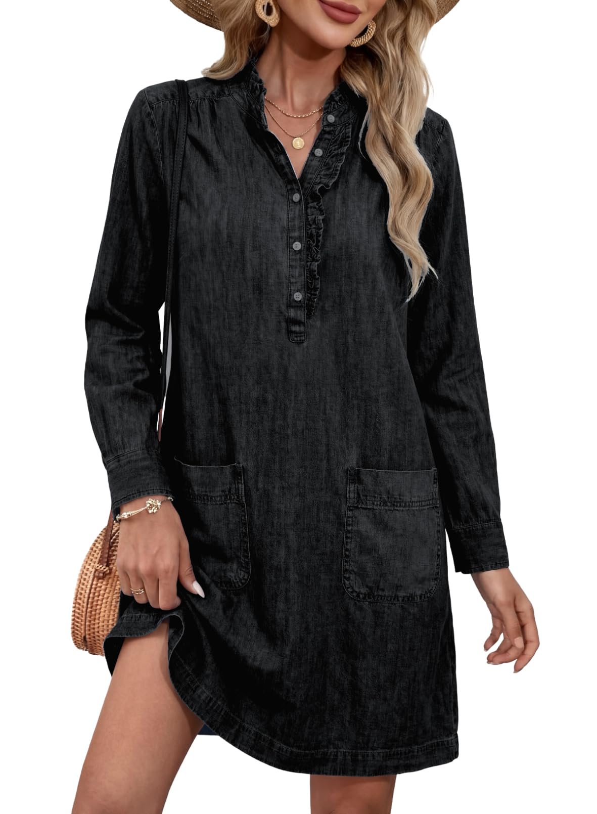 Sidefeel Women's Denim Dresses 2026 Loose Long Sleeve Ruffled Edge Neck Jean Sundresses with Pockets