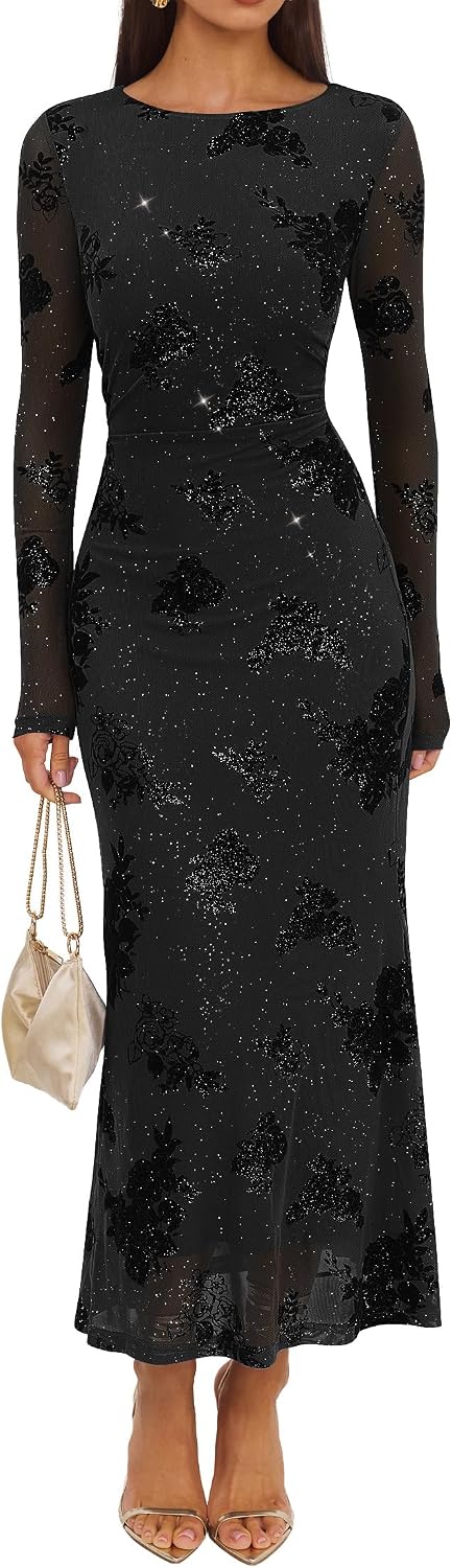 ZESICA Women Fall Floral Wedding Guest Cocktail Maxi Dress