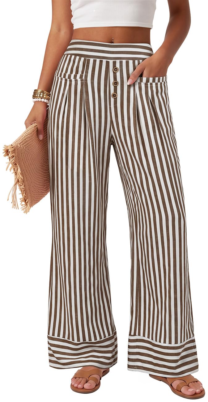 TARSE Womens Striped Palazzo Pants Wide Leg High Waisted Trousers Pockets