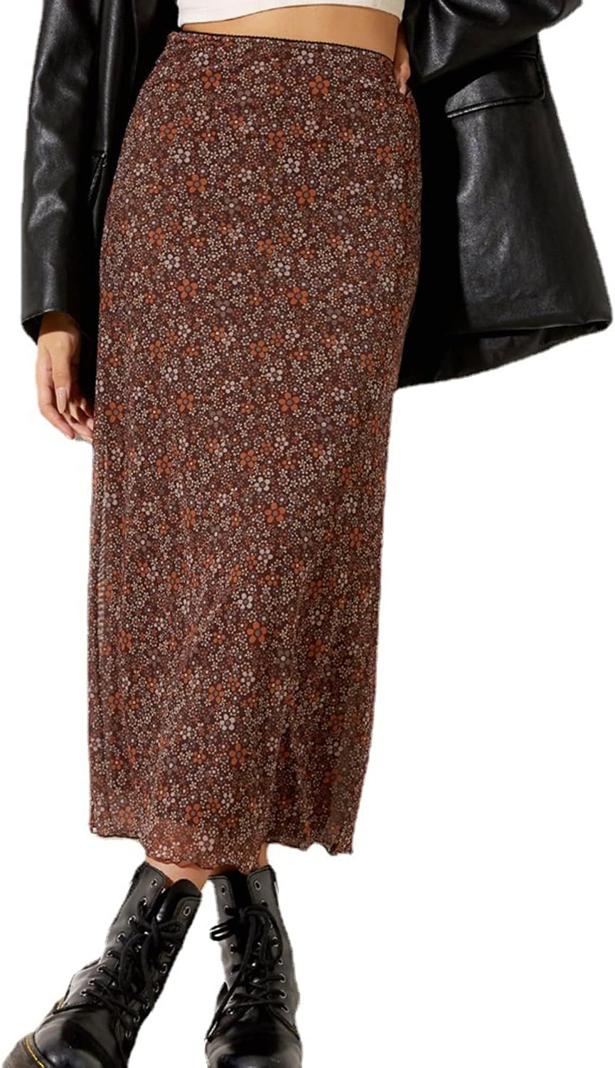 Avanova Women Mesh Floral Boho Midi Skirt High Waist Long Skirt