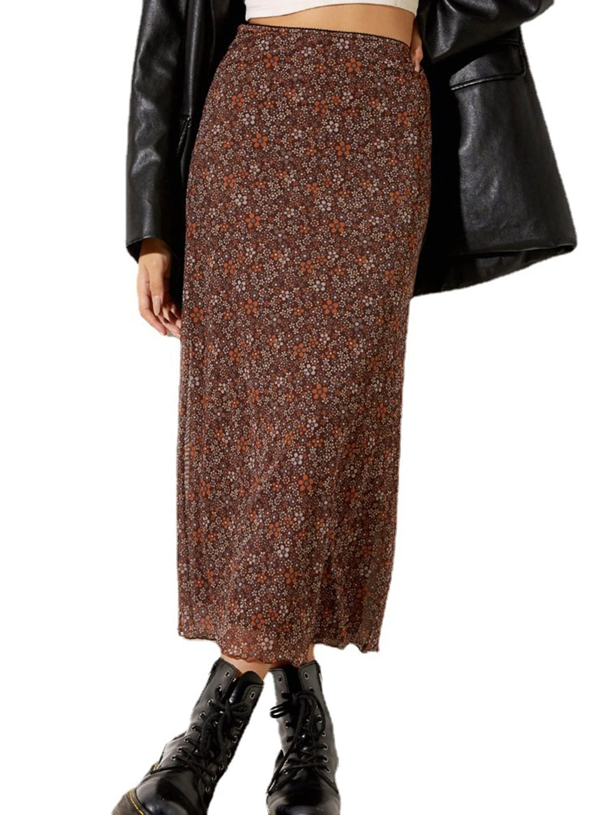 Avanova Women Mesh Floral Boho Midi Skirt High Waist Long Skirt