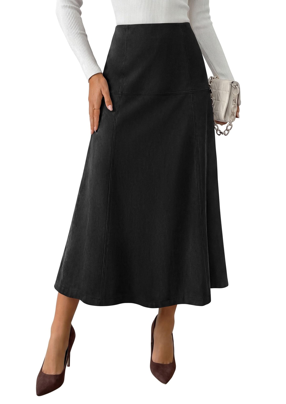 PRETTYGARDEN Womens High Waist Faux Suede A Line Midi Skirt
