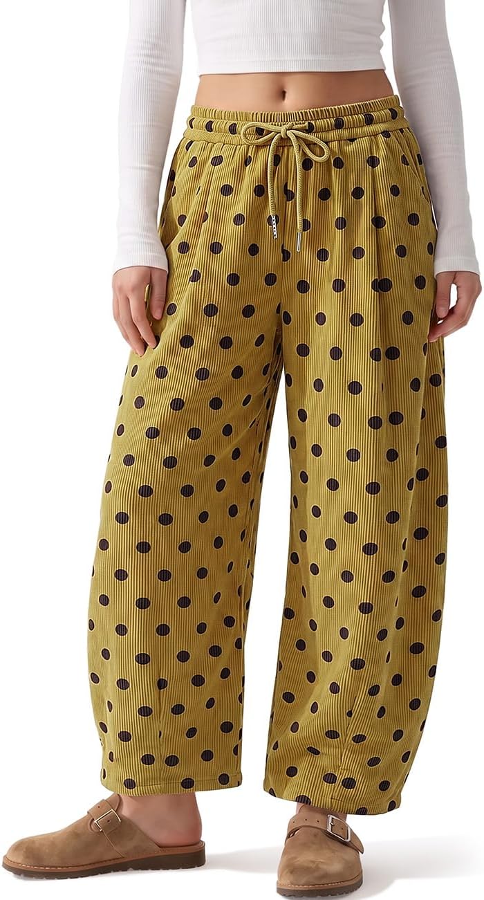 TARSE Women's Corduroy Barrel Pants Polka Dot Wide Leg Pants with Pockets
