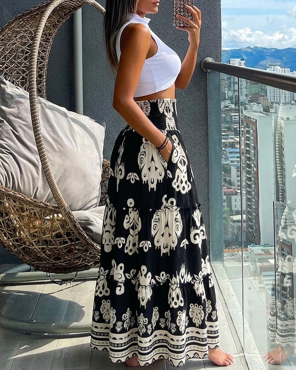 CHICME Women's Boho Floral Summer Maxi Skirt with Pockets Vacation Outfit