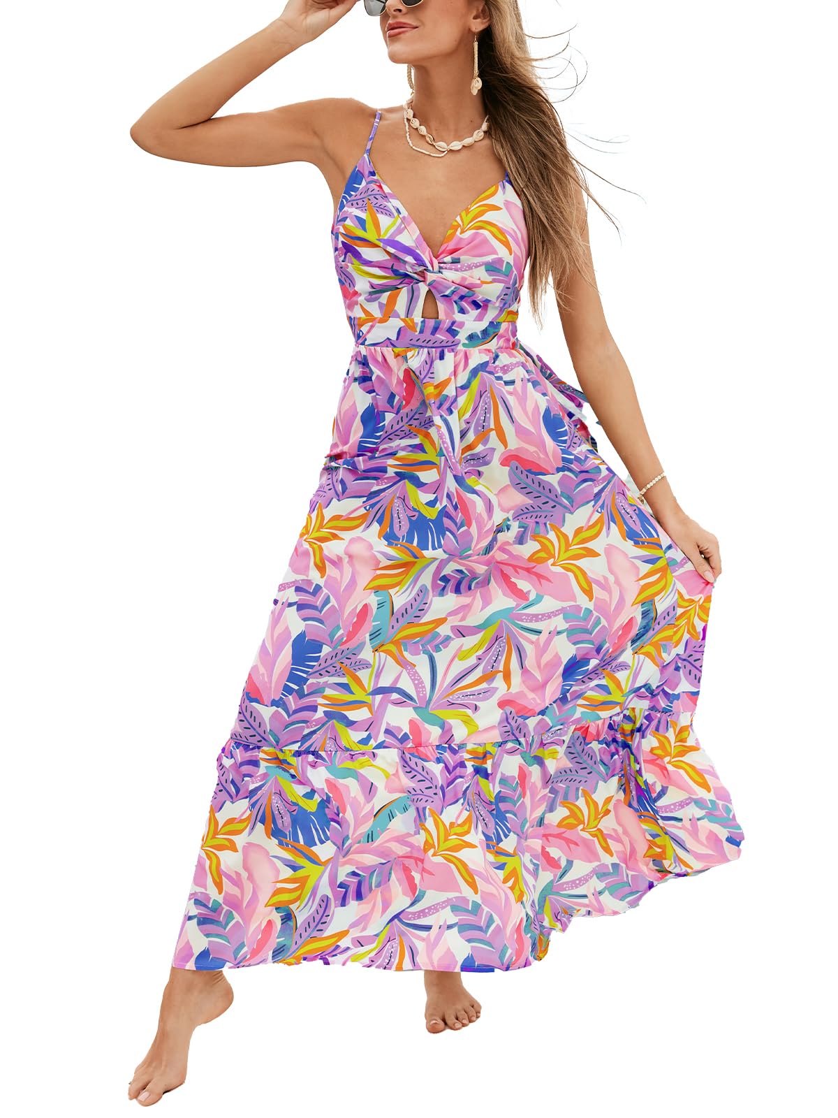CUPSHE Women's Maxi Dress Floral Print Twisted V Neck Sleeveless Long Dress Summer Casual Dress