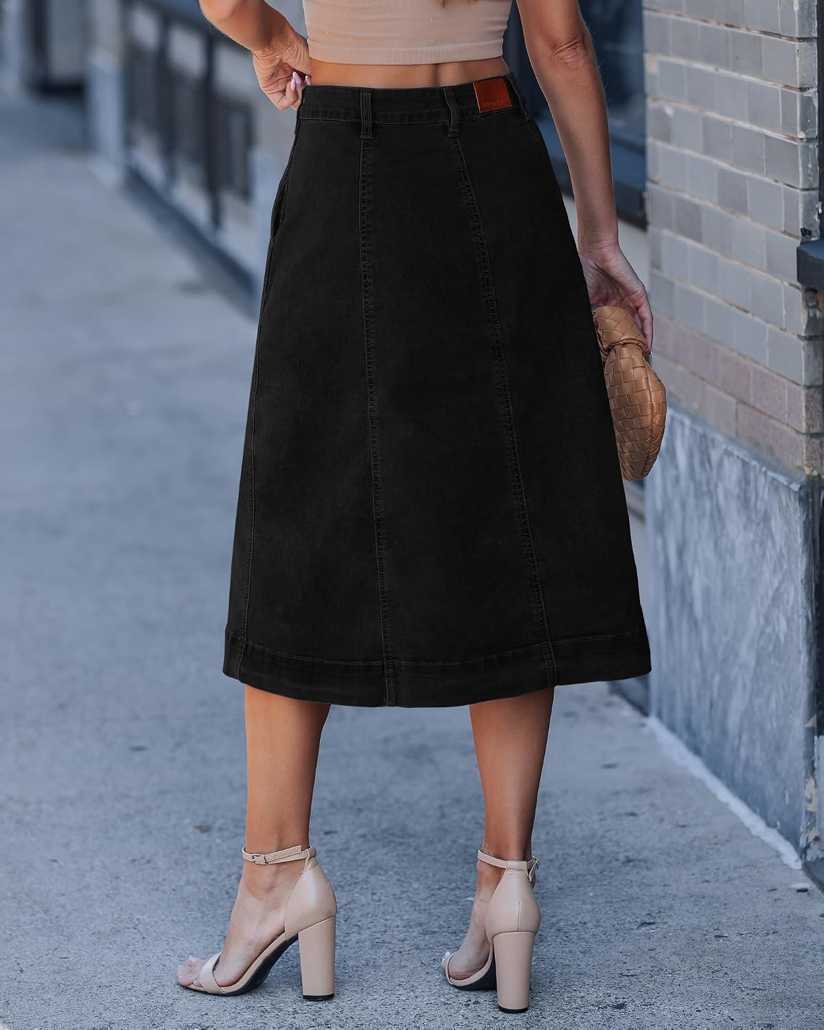 luvamia Jean Skirts for Women Trendy Midi Length A Line Western Casual Button Down Stretchy Denim Skirt with Pockets