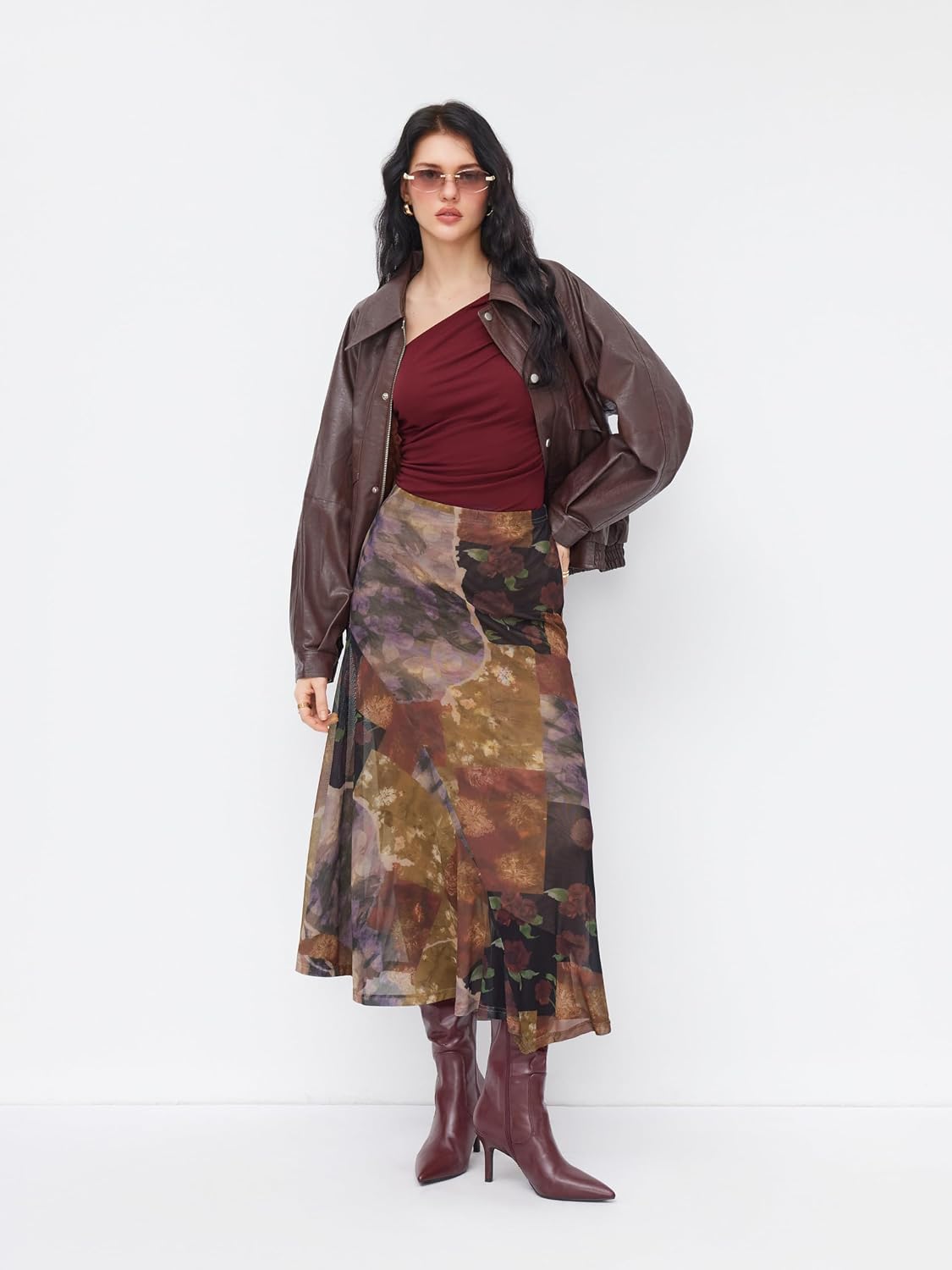 CIDER Skirts for Women Floral Mesh Maxi Asymmetrical Long Western Skirt
