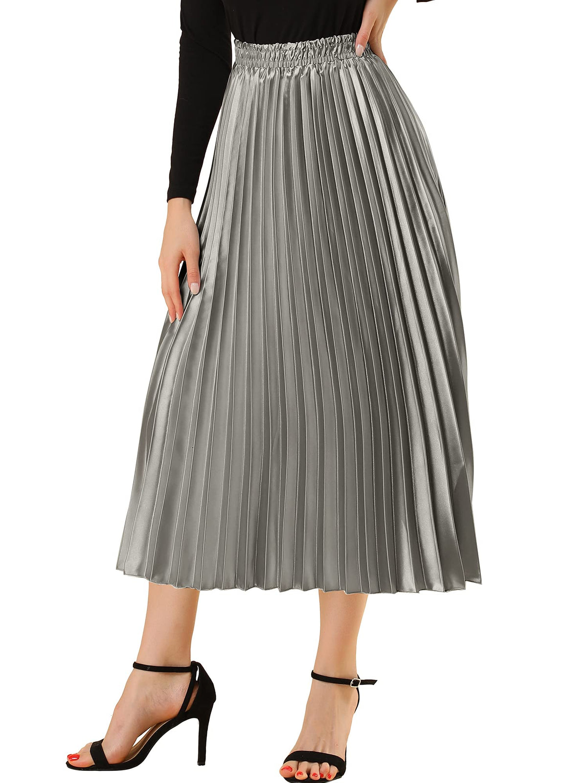 Allegra K Women Pleated Midi Skirt High Waisted Metallic Party Skirts