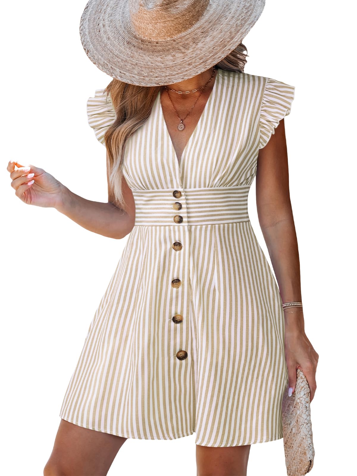 CUPSHE Women's Striped Deep V-Neck Button Down Mini Sundress