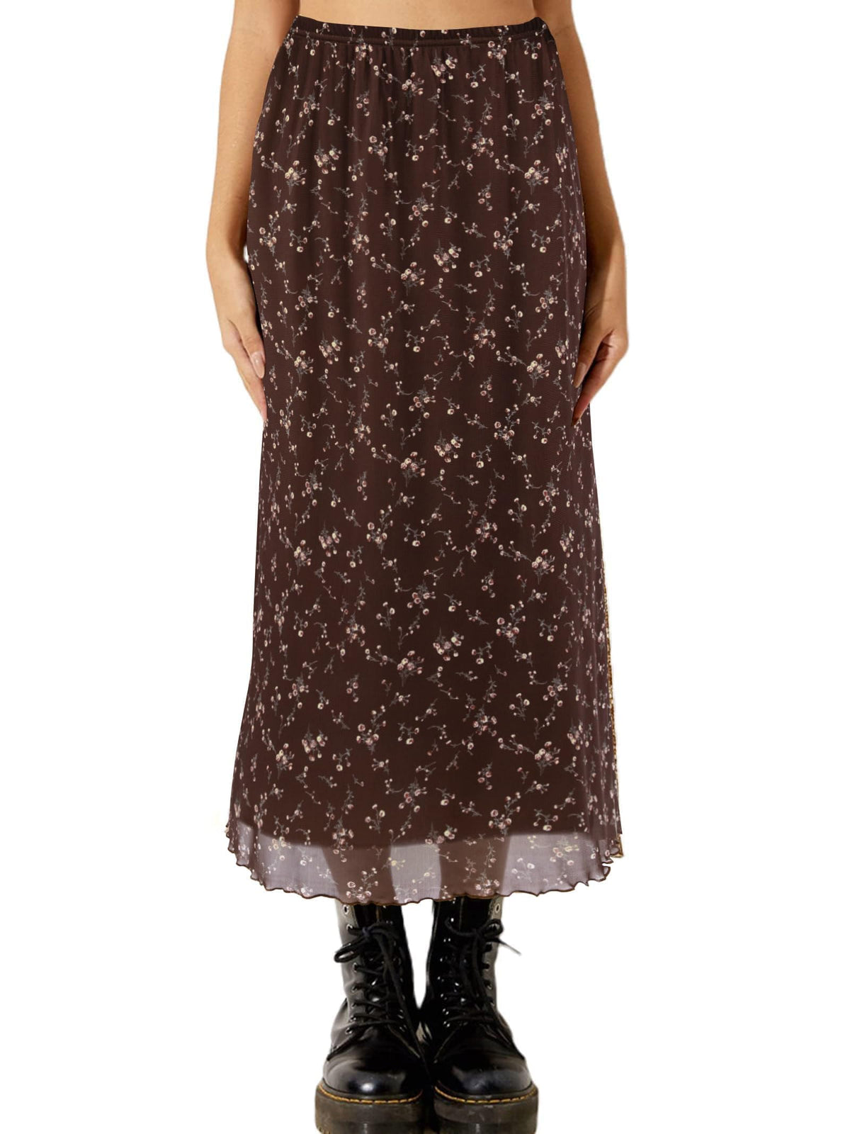 Avanova Women Mesh Floral Boho Midi Skirt High Waist Long Skirt