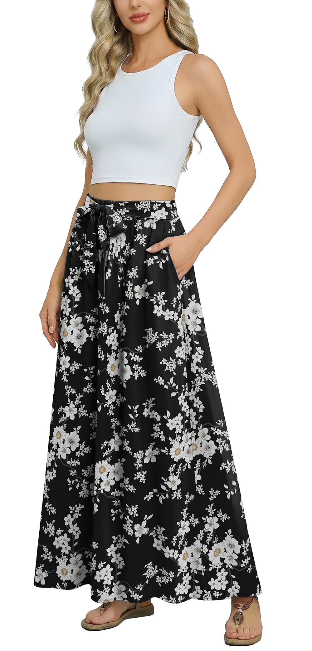 Askyes Womens Maxi Skirt Summer Trendy Tie Knot Elastic High Waisted Boho Casual Beach Flowy Swing Long Skirts with Pockets