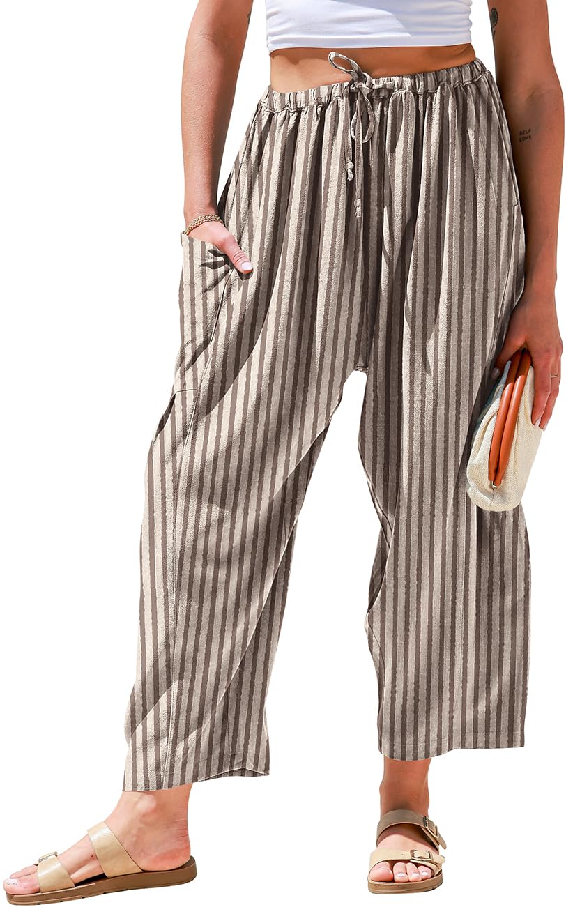 TARSE Womens Wide Leg Striped Linen Pants with Pocket