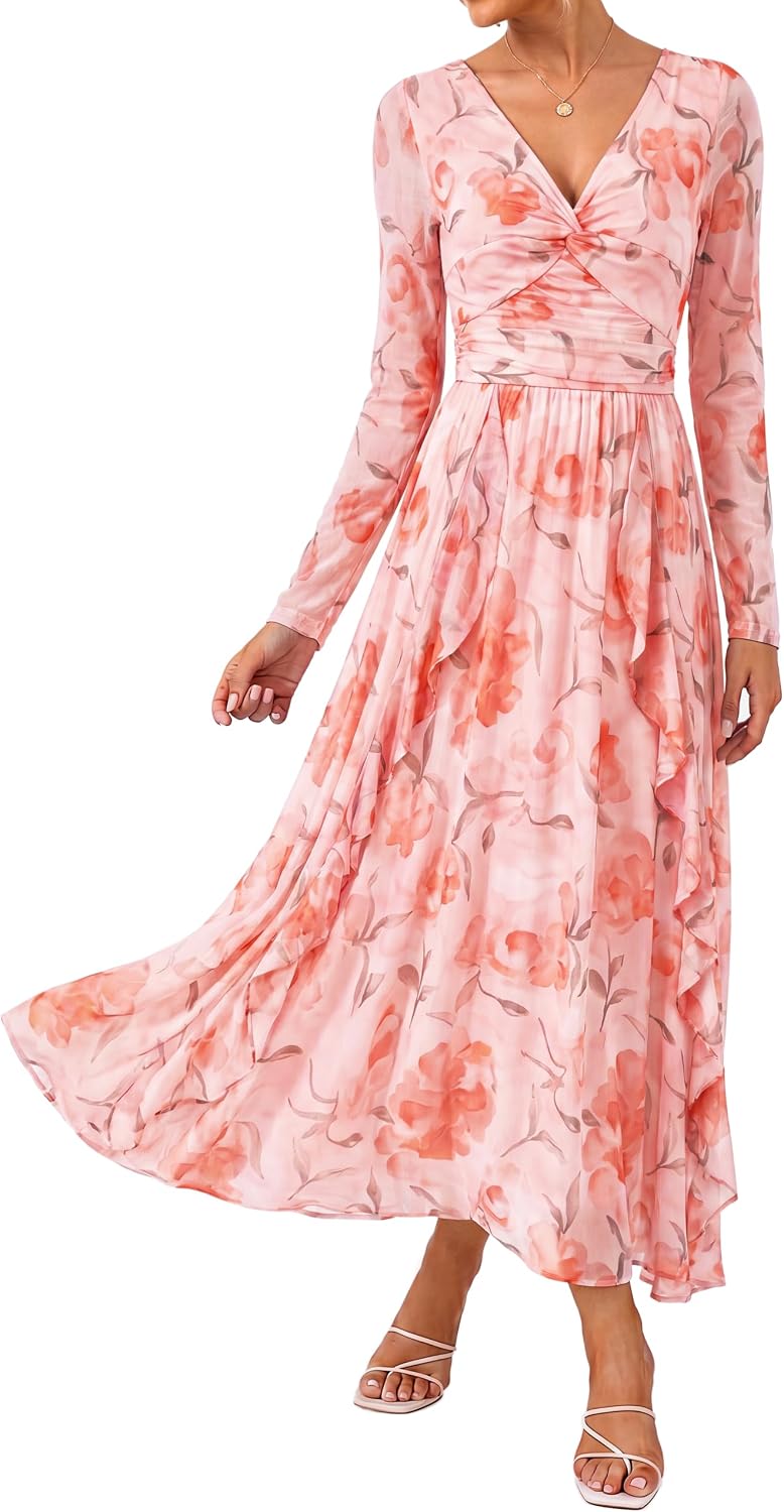 GRACE KARIN Women Fall Wedding Guest Long Sleeve Formal Floral Maxi Dress