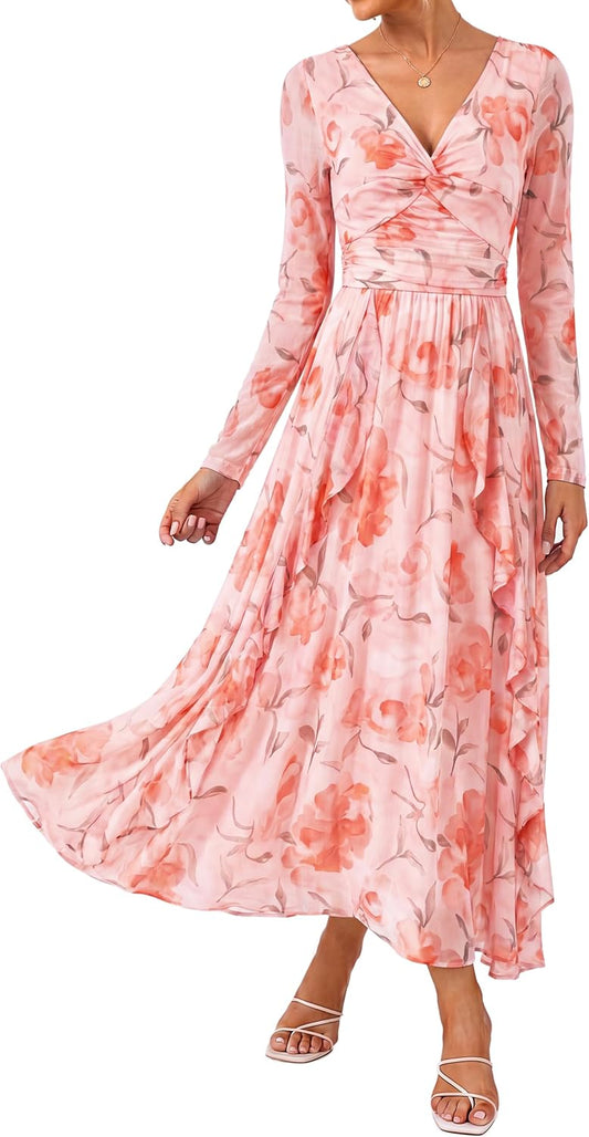 GRACE KARIN Women Fall Wedding Guest Long Sleeve Formal Floral Maxi Dress