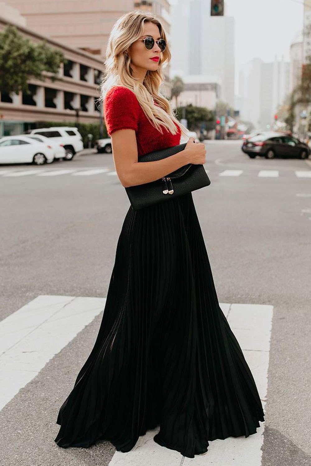 ebossy Women's High Waist Flowy Pleated Chiffon Maxi Skirt