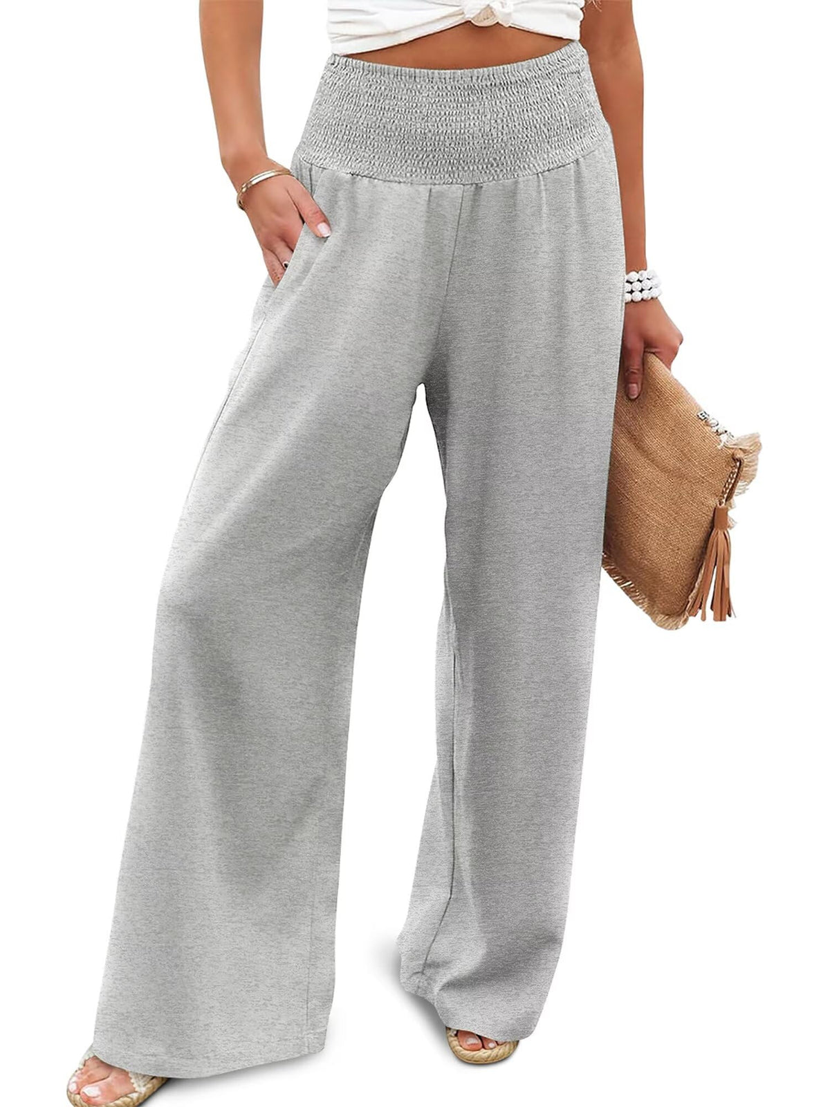 JZC Womens Wide Leg Pants Elastic High Waisted Palazzo Pants Summer Flowy Casual Trousers Beach Travel Vacation Outfits