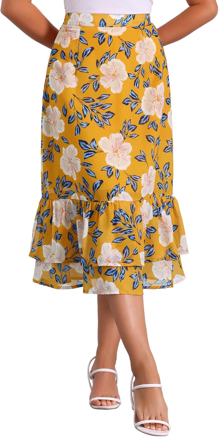 Allegra K Women's Printed Skirt Chiffon Ruffle Tiered Flowy Midi Skirts