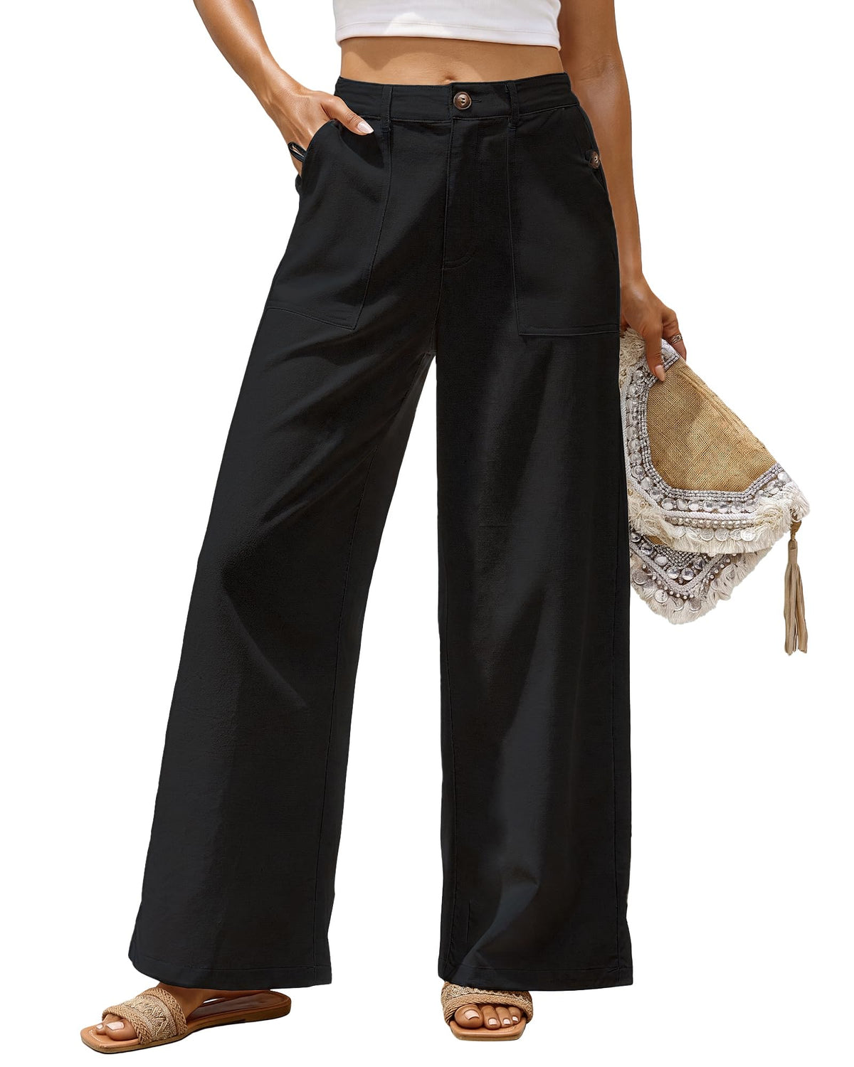 Bsubseach Womens Cotton Linen Pants Wide Leg Work Casual Pants