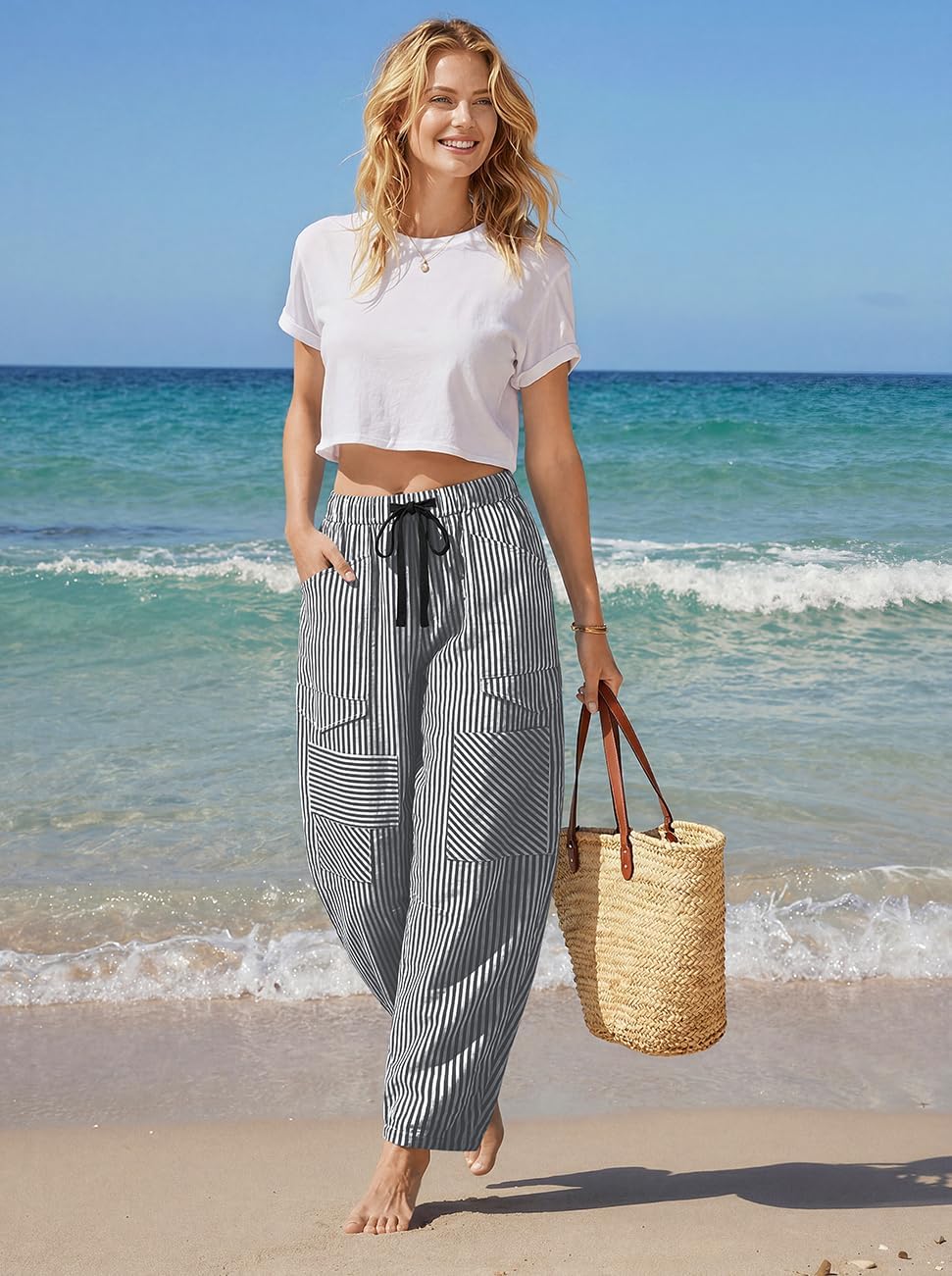 TARSE Womens Striped Linen Barrel Pants with Pockets Y2k Patchwork