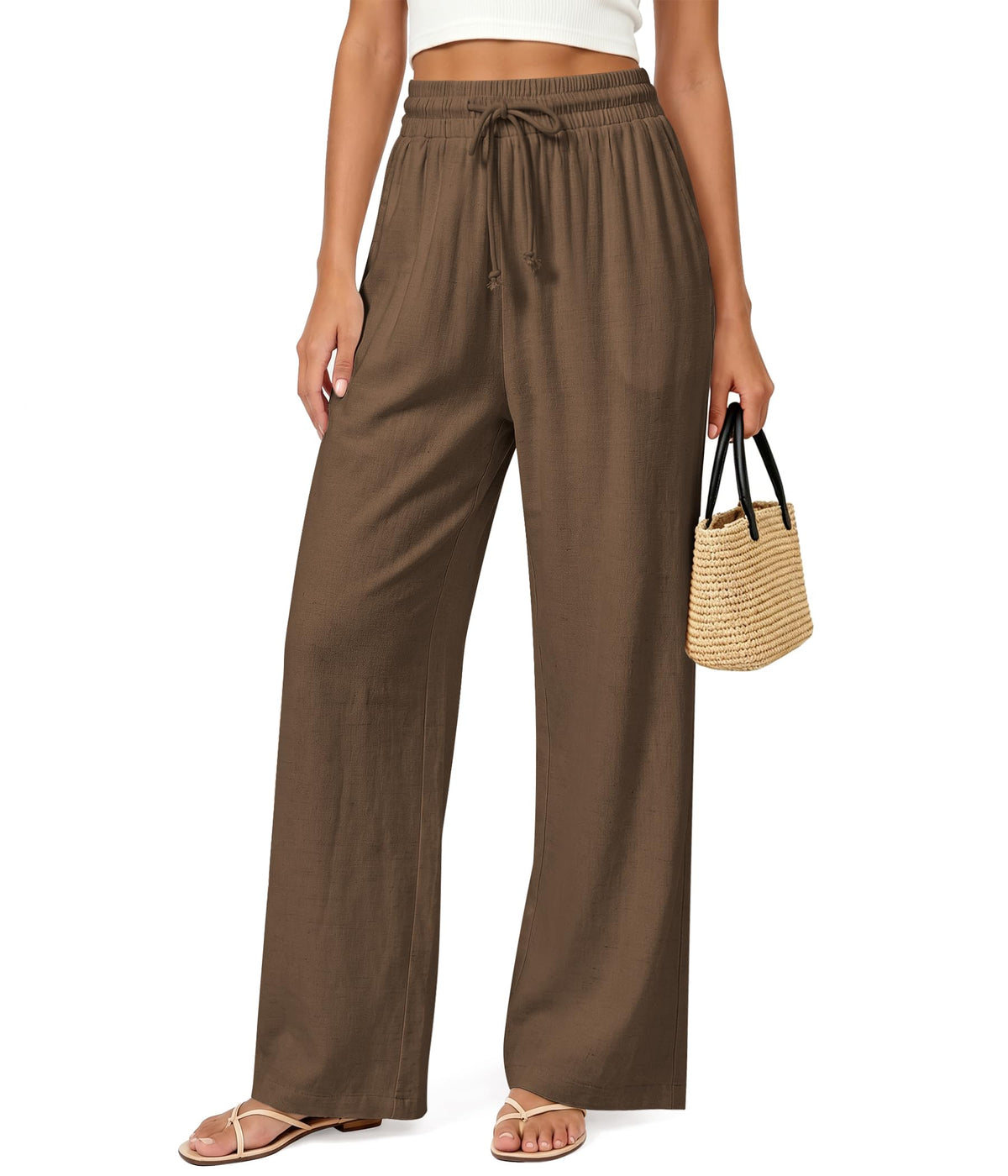 Womens Linen Pants Flowy Wide Leg Casual Drawstring Trousers with Pockets