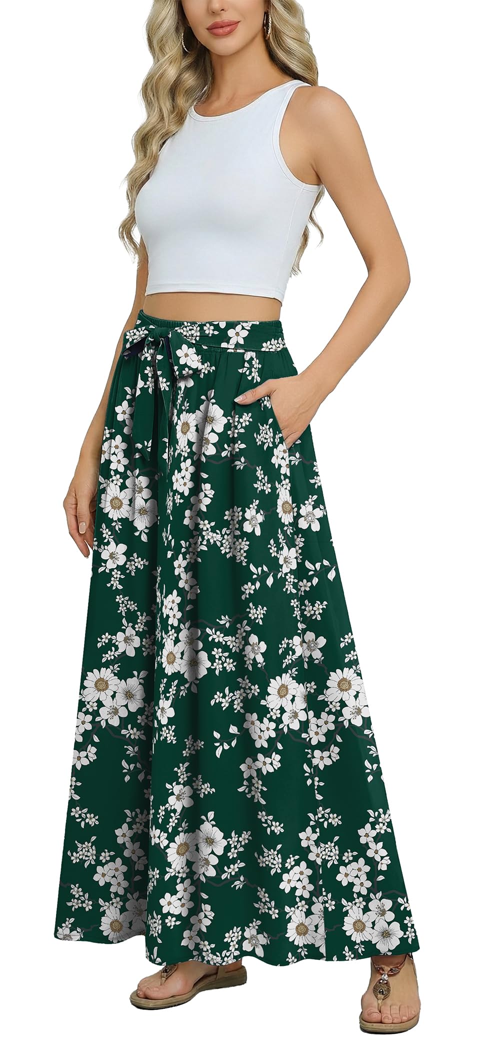 Askyes Womens Maxi Skirt Summer Trendy Tie Knot Elastic High Waisted Boho Casual Beach Flowy Swing Long Skirts with Pockets