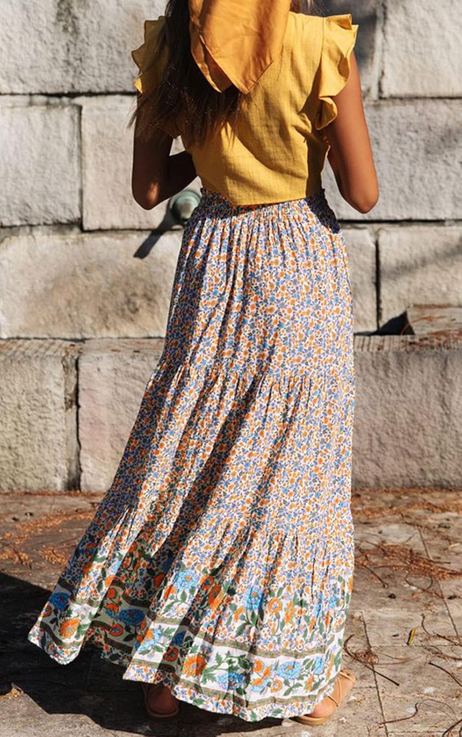ZESICA Women's Bohemian Floral Printed Elastic Waist A Line Maxi Skirt