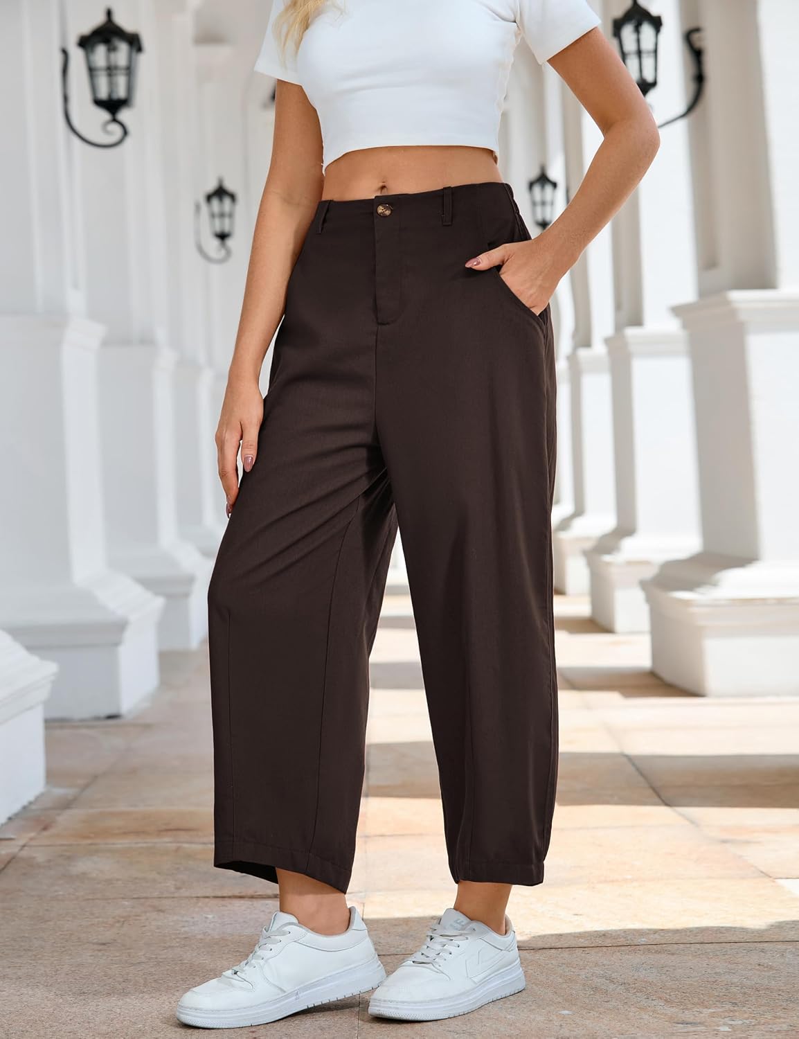 Tanming Women's Cotton Linen Barrel Pants Wide Leg Trousers
