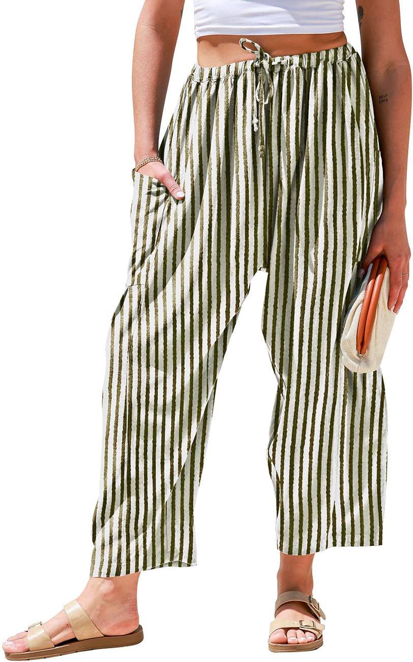TARSE Womens Wide Leg Striped Linen Pants with Pocket