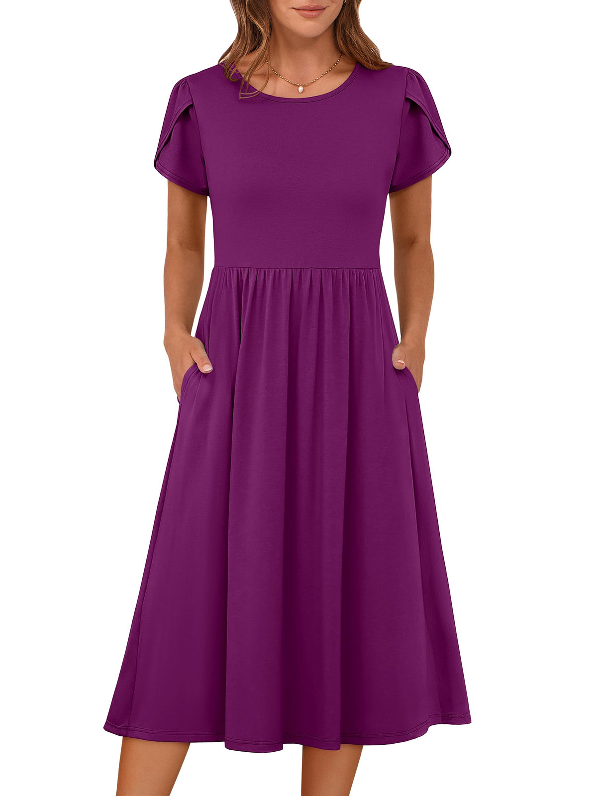 ANRABESS Women's Summer Petal Short Sleeve Midi Dress with Pockets