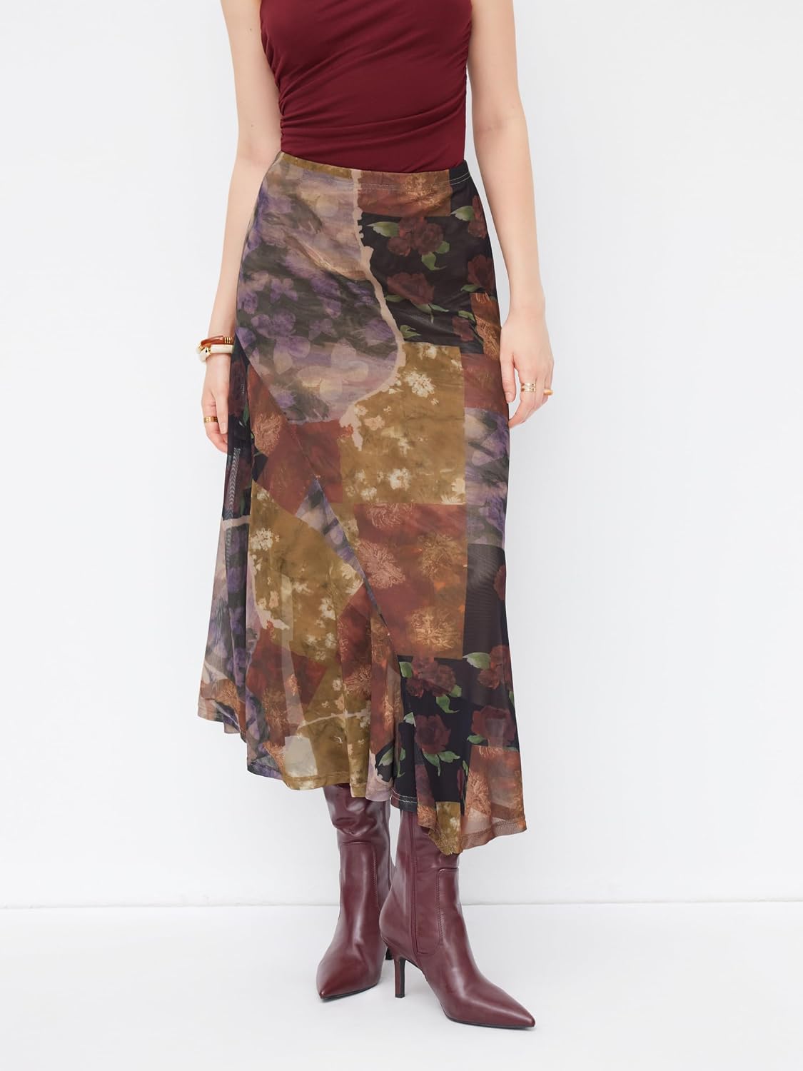CIDER Skirts for Women Floral Mesh Maxi Asymmetrical Long Western Skirt