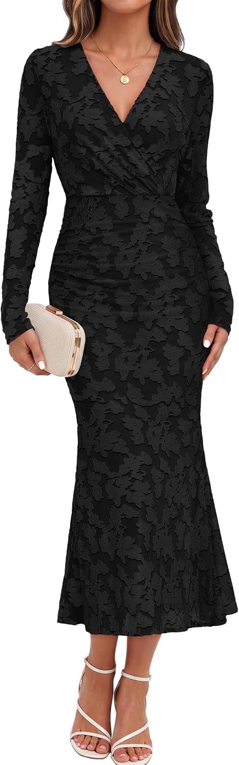 MEROKEETY Women's Wrap Long Sleeve Fall Wedding Guest Formal Maxi Dresses