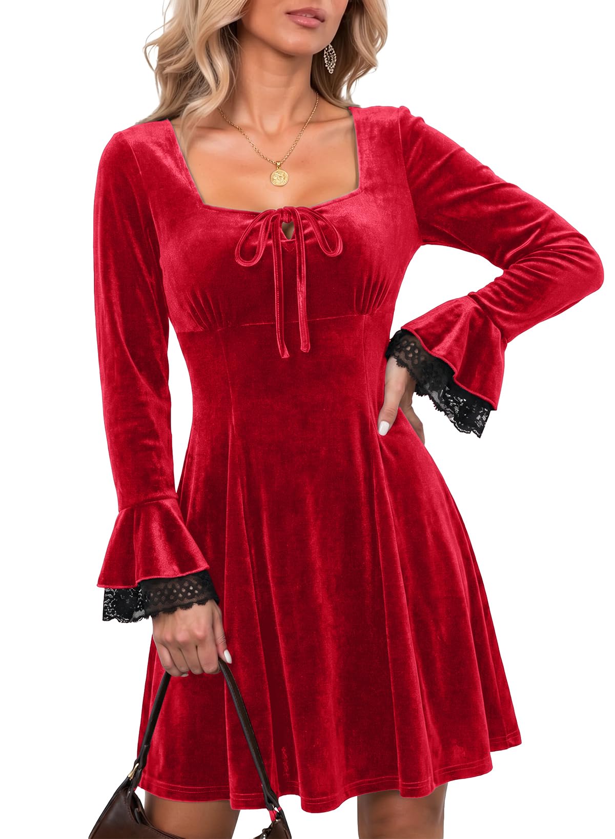 Dokotoo Womens Fall Dresses Lace Long Sleeve Velvet Dress