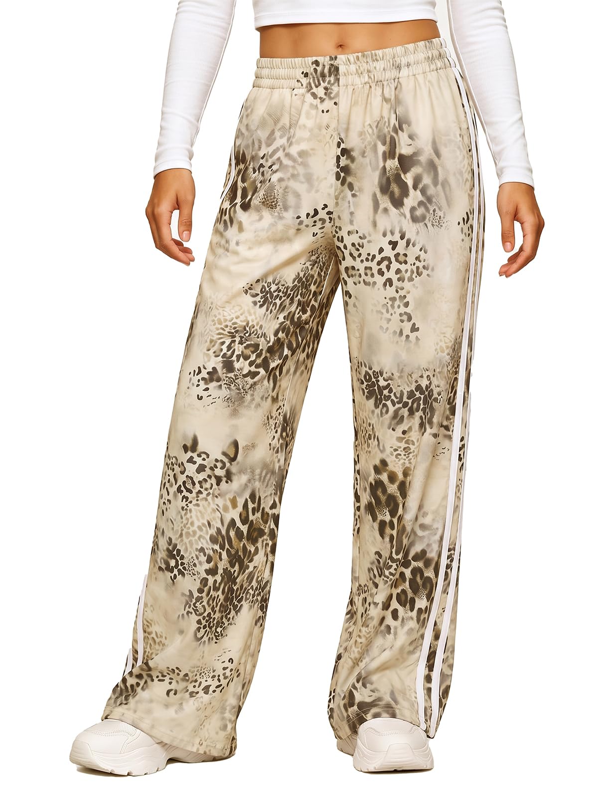 Aoysky Womens Wide Leg Leopard Pants Elastic Waist Side Striped Trousers