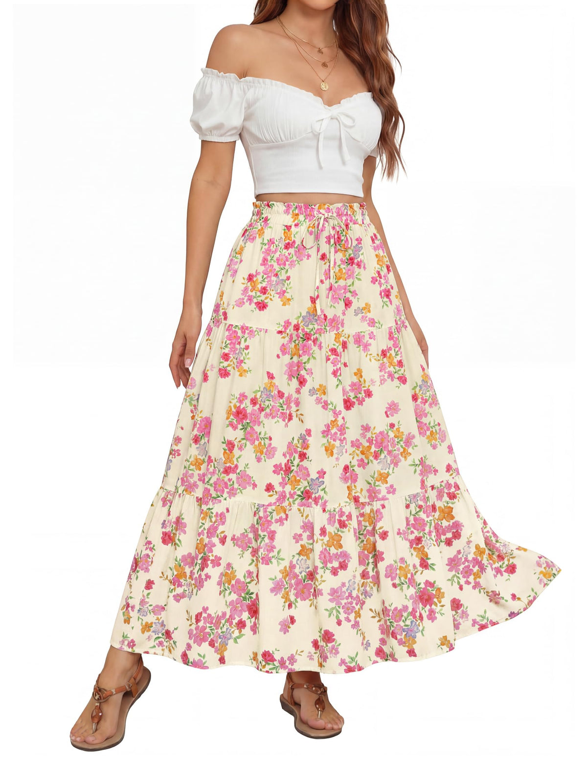 ZESICA Women's Bohemian Floral Printed Elastic Waist A Line Maxi Skirt