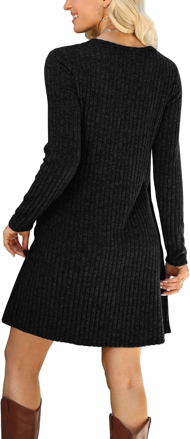 OFEEFAN Fall Dresses for Women Color Block V Neck Long Sleeve Sweater Dress