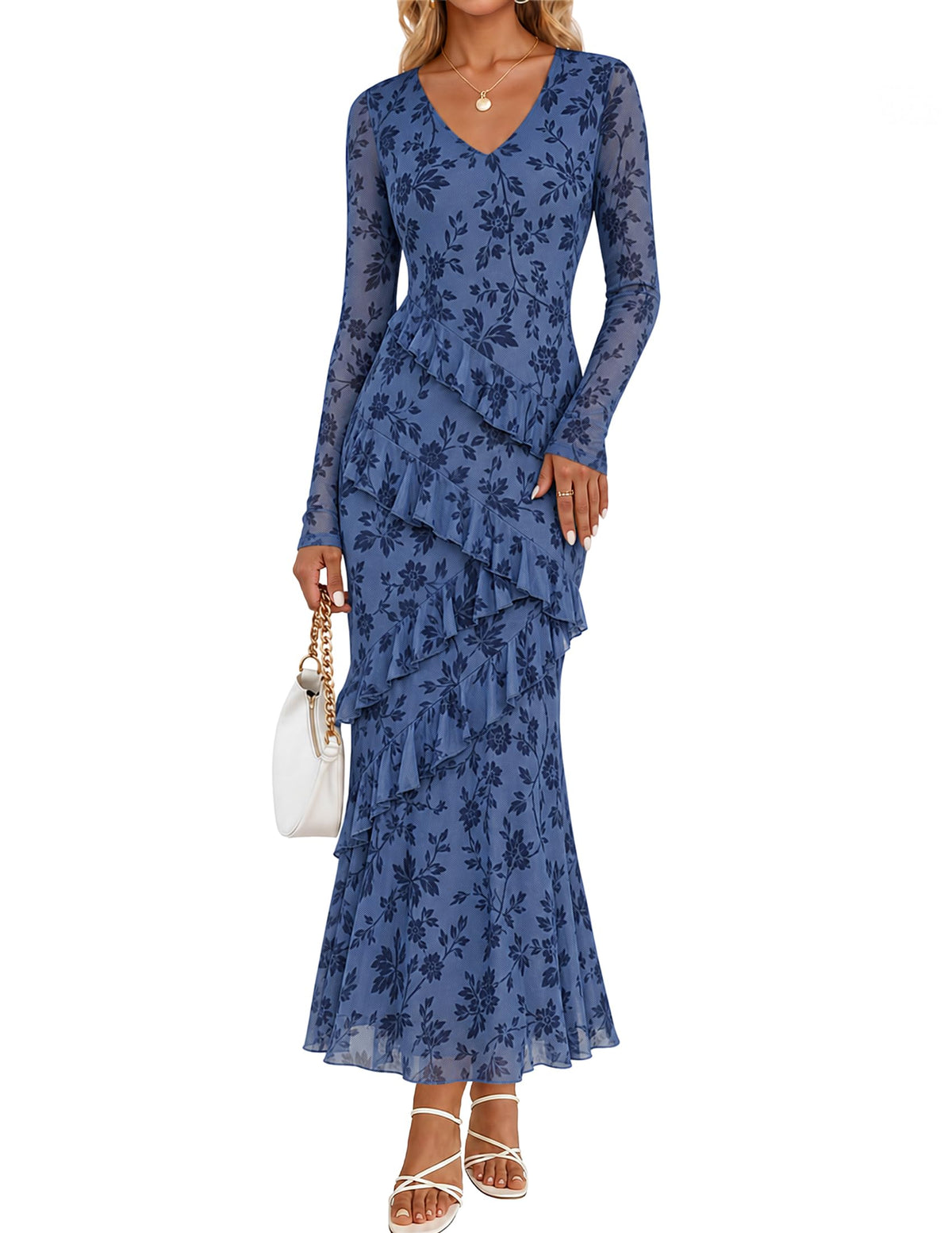 MEROKEETY Womens Fall Wedding Guest Floral Long Sleeve Bodycon Maxi Dress