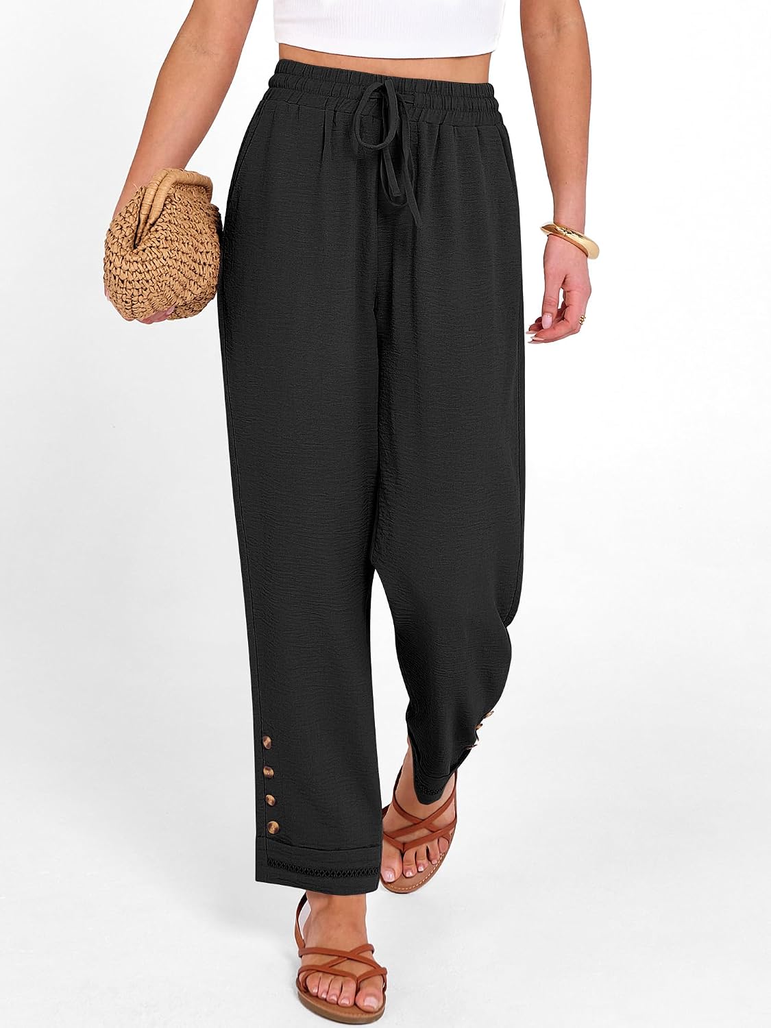 ANRABESS Womens Casual Cropped Pants, Drawstring Elastic Waist Ankle Trousers, Comfy for Lounge Office, Versatile Daily Wear